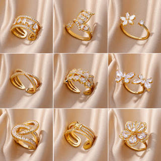 Kaijiang Cincin Wanita แหวนสเตนเลส ประดับเพทาย รูปผีเสื้อ ปรับได้ เครื่องประดับแฟชั่น สําหรับผู้หญิง