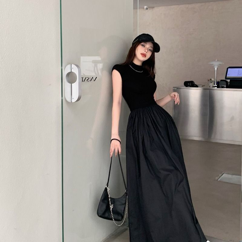 ชุดเดรสกระโปรง แขนสั้น คอสูง สีดํา สไตล์เรโทร สําหรับสตรี ขนาดกลาง เหมาะกับฤดูร้อน สําหรับสตรี @-