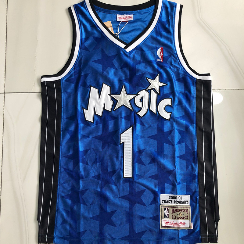 Authentic ประณีตเย็บปักถักร้อย Jersey ผู้ชาย Orlando Magic 1 Tracy McGrady ไม้เนื้อแข็ง Classics Jersey - เงิน/สีฟ้า