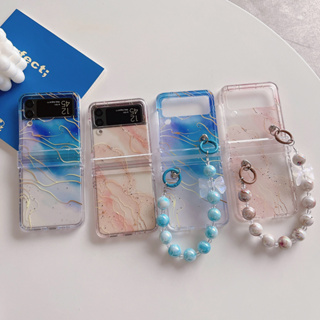 เคสโทรศัพท์มือถือ ไล่โทนสี ประดับมุก พร้อมสายคล้องมือ สําหรับ Samsung Galaxy Z Flip4 Z Flip3 Z Flip 4 DIY