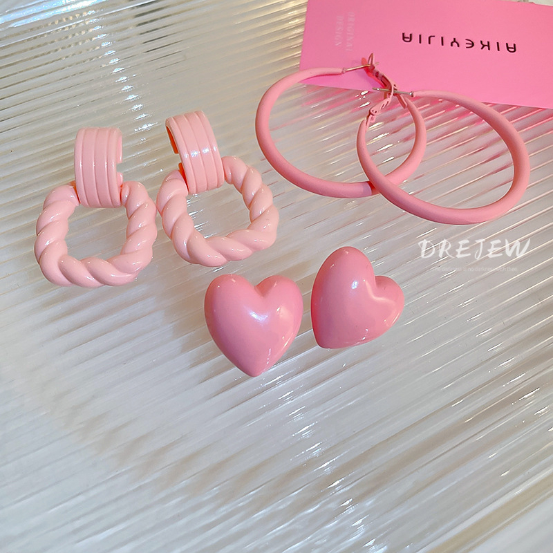 DREJEW เข็มเงิน สีชมพู อะคริลิค รัก วงกลม ต่างหูหวาน น่ารัก ต่างหูสตั๊ด ต่างหูอเนกประสงค์ สําหรับผู้หญิง