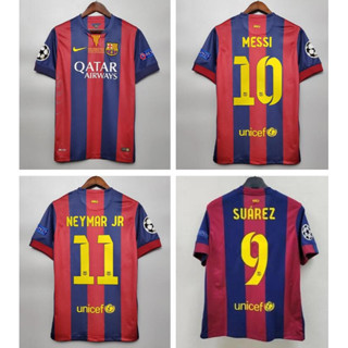 เสื้อกีฬาแขนสั้น ลายทีมชาติฟุตบอล Barcelona NEYMAR JR MESSI 14-15 ชุดเหย้า สไตล์เรโทร สําหรับผู้ชาย