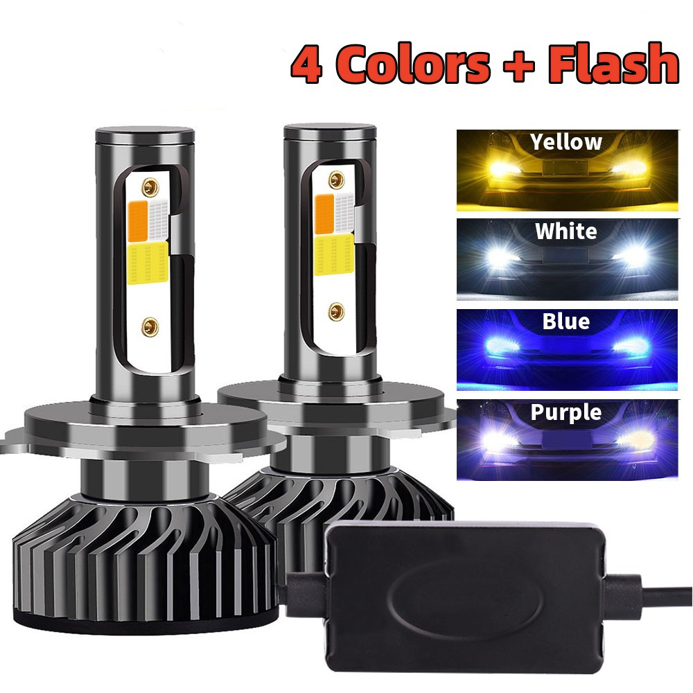 1 คู่สี่สี + แฟลช LED ไฟหน้ารถ 10000LM Auto LED H4 H1 H7 H8 H9 H11 H16 9005 HB3 9006 HB4 3000K 6000K