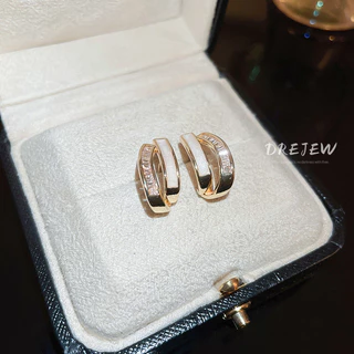 DREJEW ต่างหูเข็มเงิน 18K ประดับเพทาย รูปตัว C สองชั้น ระดับไฮเอนด์ แฟชั่นสําหรับผู้หญิง