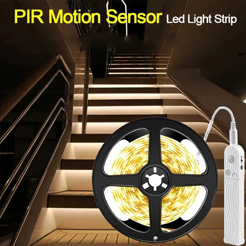 แถบไฟ LED แบตเตอรี่ 5 ม. พร้อมเซนเซอร์ตรวจจับการเคลื่อนไหว PIR ไฟกลางคืน เทปใต้ตู้เสื้อผ้า เหมาะสําหรับตู้เสื้อผ้าในร่ม