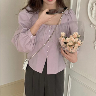 love flower เสื้อเชิ้ตแขนพัฟ คอกว้าง แต่งจับจีบ สีม่วงอ่อน เสื้อเชิ้ต เสื้อแฟชั่นผู้หญิง เสื้อผู้หญิง เสื้อแฟชั่น เสื้อ แฟชั่น ผู้หญิง