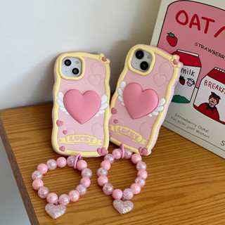 เคสโทรศัพท์มือถือ ซิลิโคนนุ่ม ลายปีกหัวใจ 3D สีชมพู พร้อมสายคล้องข้อมือ สําหรับ Iphone 11 12 promax 13 pro max 14 14pro 14 promax