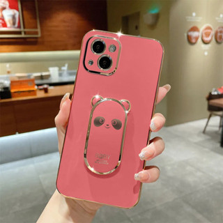 เคสโทรศัพท์มือถือ ชุบไฟฟ้า ขอบตรง ลายแพนด้าสามมิติ สําหรับ iPhone 13 13 pro 13 pro max 13 mini 14 14 plus 14 pro 14 pro max