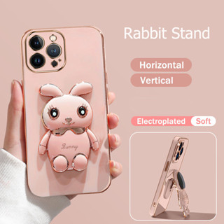 Oppo A1 F11 Pro F9 F7 F5 a59 f1s A17 เคสโทรศัพท์ ขอบตรง ชุบนิ่ม กันกระแทก พร้อมขาตั้งกระต่ายน่ารัก