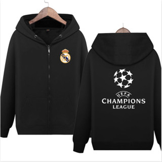 เสื้อกีฬาแขนสั้น มีฮู้ด ลายทีมฟุตบอล Real Madrid Champions League สําหรับผู้ชาย # เสื้อแจ็กเก็ต เสื้อคาร์ดิแกน เสื้อฮู้ดดี้ มีซิป ลายฟุตบอล 7 Youth