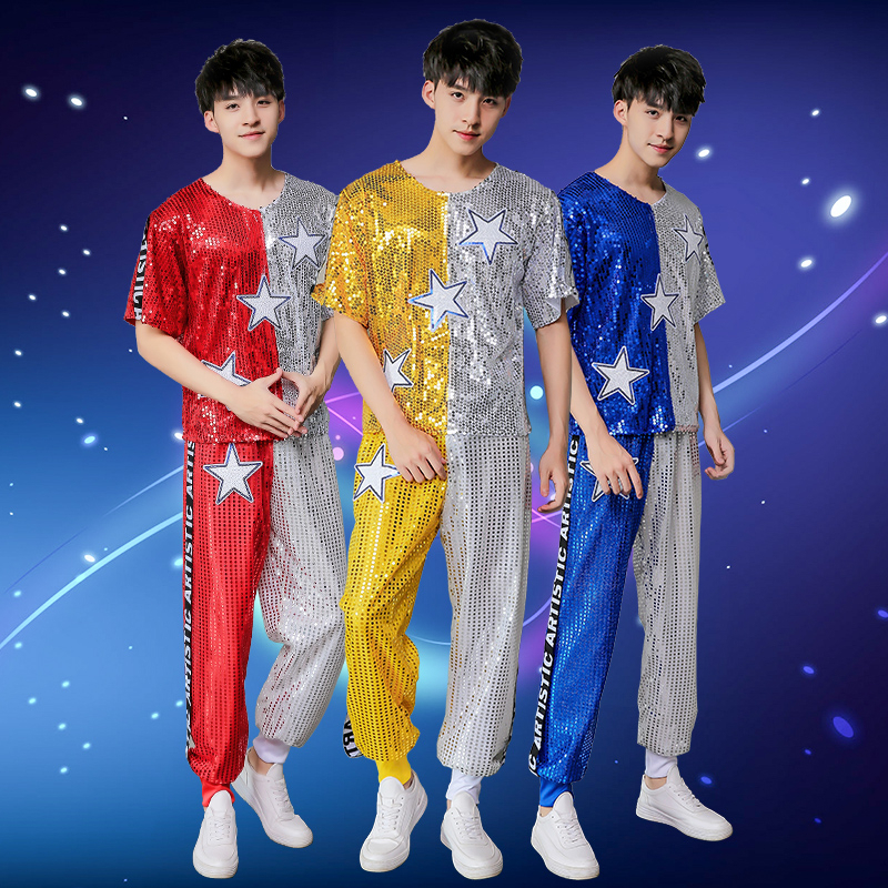 ชุดเต้นแจ๊ส ฮิปฮอป สีทอง แวววาว เลื่อม และกางเกง พลัสไซซ์ เสื้อยืดแขนสั้น สีตัดกัน สําหรับผู้ชาย