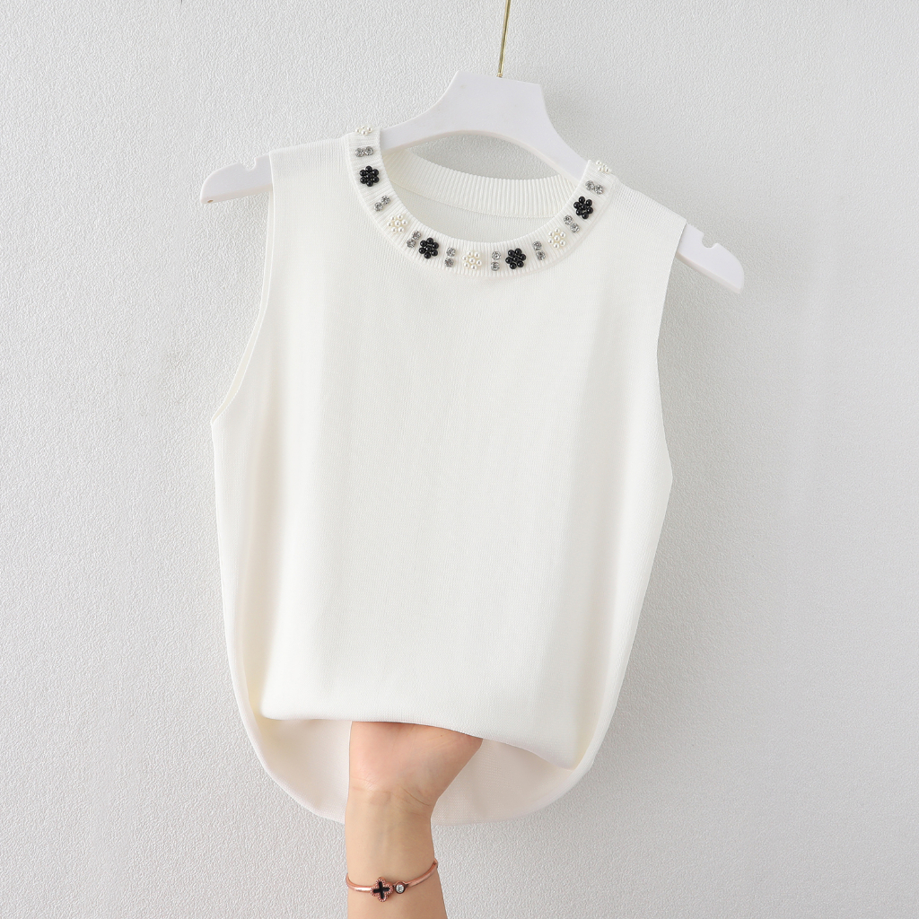 Plum Blossom Beaded Vest ผู้หญิงเสื้อยืดแขนกุด Slim-fit สลิงผ้าไหมน้ําแข็งสีดําด้านในถัก Bo