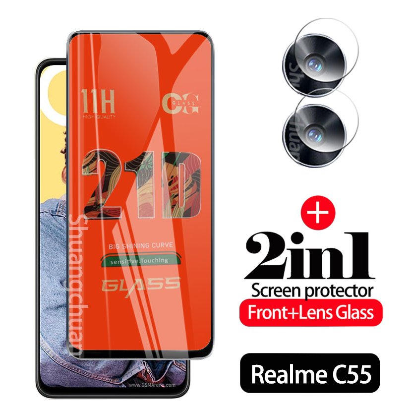 2in1 Realme C55 ฟิล์มกระจกนิรภัย 21D แบบเต็มจอ ฟิล์มกระจกนิรภัย แบบเต็มจอ + ฟิล์มเลนส์กล้อง Realme C