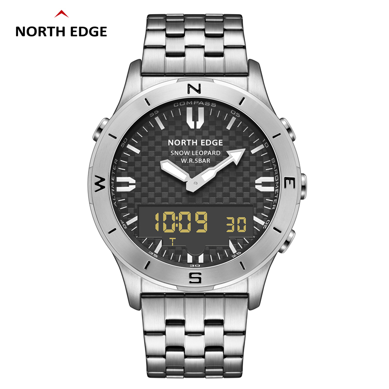 North Edge เสือดาวหิมะผู้ชายนาฬิกากันน้ำกลางแจ้งนาฬิกากีฬากลางแจ้งเข็มทิศเครื่องวัดระยะสูงบารอมิเตอร์กันน้ำ 50M จอแสดงผลดิจิตอล 1.85 Inch