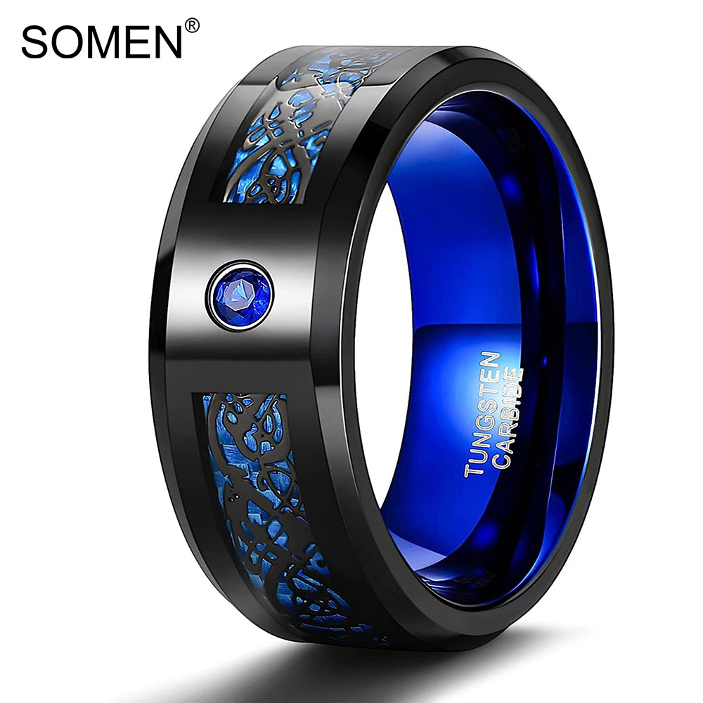Somen แหวนทังสเตน ประดับเพทาย ทังสเตน 8 มม. ขอบเอียง สีดํา ฟ้า สําหรับผู้ชาย ไซซ์ 7-13