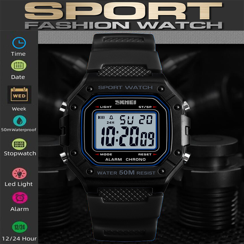 Skmei นาฬิกาข้อมืออิเล็กทรอนิกส์ สายหนัง PU มีไฟ LED กันน้ํา อเนกประสงค์ สไตล์ทห