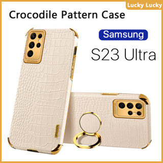 เคส Samsung S23 Ultra S22 S21 Ultra Plus FE ลายจระเข้ ที่วางแหวนนิ้ว ฝาครอบ PU กล้องปกป้องเต็มรูปแบบ ชุบทอง บาง ความรู้สึกที่ยอดเยี่ยม ป้องกันลายนิ้วมือ ซับในกระจายความร้อน