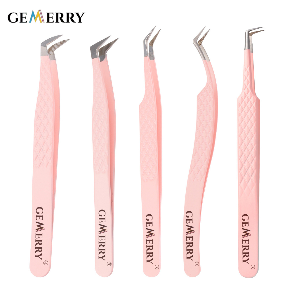 เจเมอรี่ สีชมพูแหนบสแตนเลสต่อขนตาความแม่นยําสูงแหนบป้องกันไฟฟ้าสถิตที่มีเคล็ดลับไฟเบอร์เครื่องมือแต่งหน้า1ชิ้น