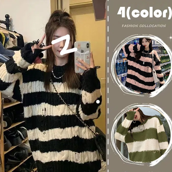 🔥ส่งไวจากไทย Fulllove ส่งไวจากไทย เสื้อสเวตเตอร์ลายทางผู้หญิงต้นฤดูใบไม้ร่วง ใหม่ย้อนยุคเก๋ไก๋ลมขี้เกียจหลวมเก๋แขนยาวเสื้อถัก
