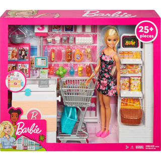 Barbie Doll and Supermarket Playset with 25 Grocery Store and Food-Themed Accessories FRP01 ชุดของเล่นตุ๊กตาบาร์บี้ และซูเปอร์มาร์เก็ต พร้อมร้านขายของชํา 25 ชิ้น และธีมอาหาร FRP01