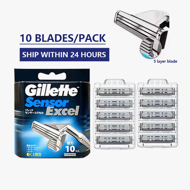 10 ชิ้น Gillette Sensor Excel Safety Razor Blades สําหรับผู้ชายด้วยมีดโกนซีรีส์เดียวกัน