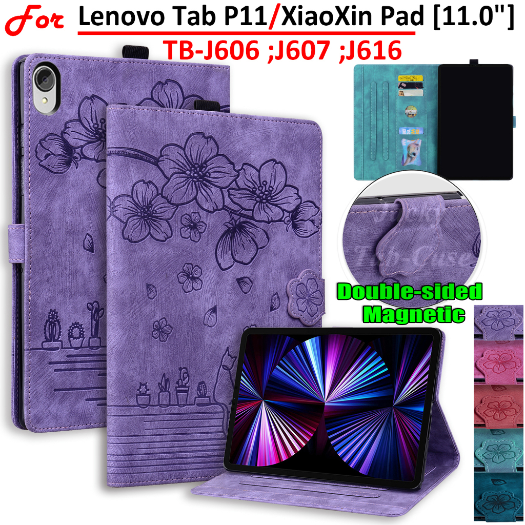 เคสแท็บเล็ตหนัง ฝาพับแม่เหล็ก ลายดอกซากุระ 3D พร้อมช่องใส่บัตร ขาตั้งวาง สําหรับ Lenovo Tab P11 Tabl
