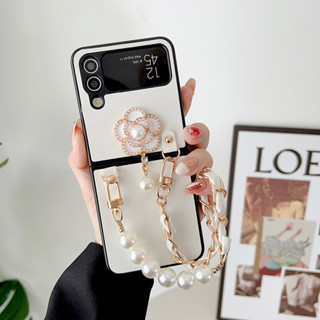 เคสโทรศัพท์มือถือหนังแกะ ฝาพับ พร้อมช่องใส่บัตร และสายคล้องไข่มุก สําหรับ Samsung zflip4 5G Z Flip 3 Huawei P50pocket s