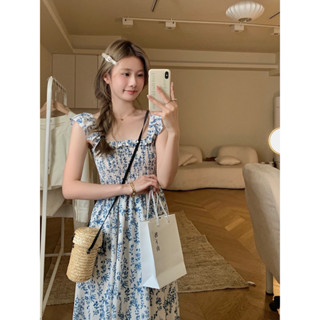 love flowe ชุดเดรส ลายดอกไม้ สีฟ้าสด ขนาดเล็ก เอวบาง แขนบินเล็ก รีสอร์ท เดรสออกงาน ชุดไปทะเล