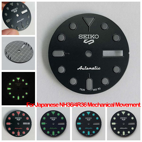 28.5 มม.สีดํานาฬิกา Dial Double Date Spikes Dial สีเขียว Luminous นาฬิกาอุปกรณ์เสริมสําหรับ NH36 การเคลื่อนไหว