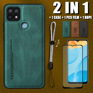 2 IN 1 เคสหนังหรูหรา พร้อมตัวป้องกันหน้าจอเซรามิค และเชือกปรับได้ สําหรับ OPPO A15 A15s A35