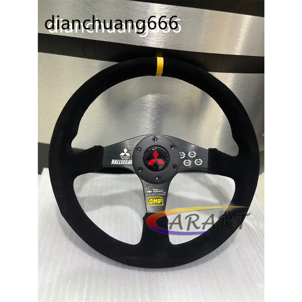 Omp Sport Mitsubishi ralliart 350MM/14INCH พวงมาลัยรถยนต ์ หนังนิ ่ ม สายสีแดงสีเหลือง