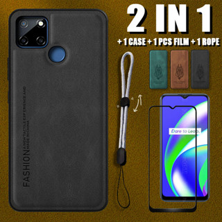 2 IN 1 เคสหนังหรูหรา พร้อมตัวป้องกันหน้าจอเซรามิค และเชือกปรับได้ สําหรับ Realme C12 C25 C25s