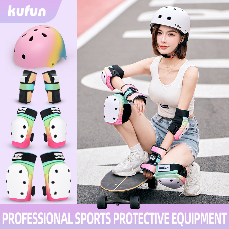 Kufun 7PCS ผู้ใหญ่เด็กอุปกรณ์ป้องกันชุดหมวกกันน็อคเข่าข้อศอก Pad เด็กปรับความปลอดภัยชุดป้องกันสําหรับสเก็ตบอร์ด Roller Skates