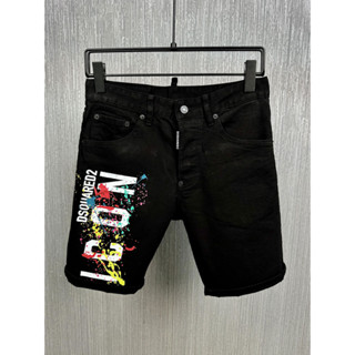 Dsquard2 Street Fashion Mens Shorts Black Slim Fit Stretch Print Button Hip Hop Mens Denim Shorts. กางเกงขาสั้นผู้ชาย