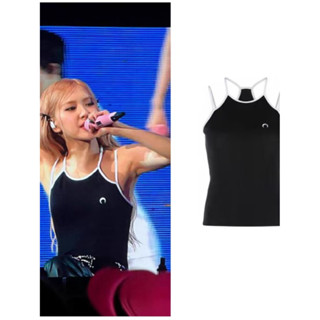 rose Blackpink เสื้อยืดแขนกุด เข้ารูป ปักลายดวงจันทร์ และดอกกุหลาบ สีดํา สุดเซ็กซี่