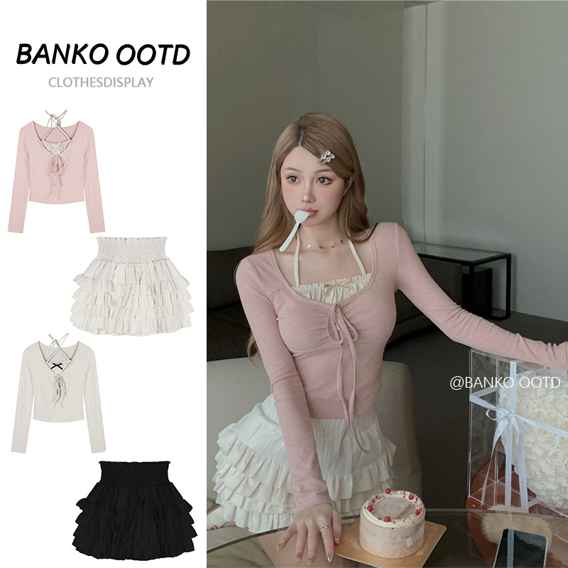 【สินค้าจัดส่งทันที】เสื้อยืดแขนยาว แบบผูกเชือก ทรงสลิมฟิต / กระโปรงเค้ก เอวสูง (แยกออเดอร์)