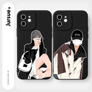 JURSUE เคสคู่ เคสไอโฟน คู่รัก กันกระแทกซิลิโคนนุ่มการ์ตูนตลก เคสโทรศัพท์ สีดำ Compatible for iPhone 15 14 13 12 11 Pro Max SE 2020 X XR XS 8 7 6 6S Plus พลัส Y3229