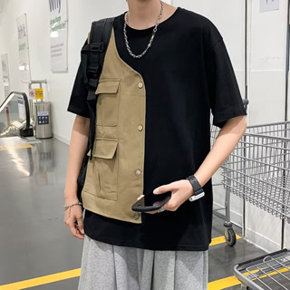 เสื้อยืดแขนสั้นลําลอง ทรงหลวม แบบเรียบง่าย แฟชั่นฤดูร้อน สไตล์เรโทร สําหรับผู้ชาย สองชิ้น