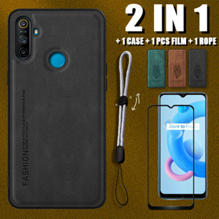 2 IN 1 เคสหนังหรูหรา พร้อมตัวป้องกันหน้าจอเซรามิค และเชือกปรับได้ สําหรับ Realme C3 (3 กล้อง) Narzo 10A