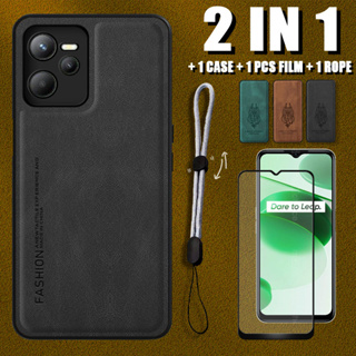 2 IN 1 เคสหนังหรูหรา พร้อมตัวป้องกันหน้าจอเซรามิค และเชือกปรับได้ สําหรับ Realme C35 Narzo 50A Prime