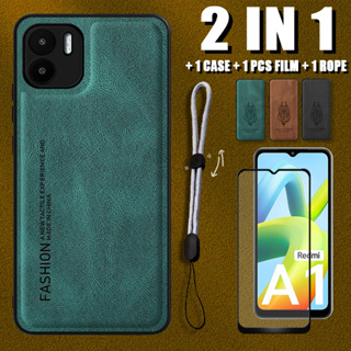 เคสหนังหรูหรา 2 IN 1 สําหรับ Redmi A1 A2 พร้อมตัวป้องกันหน้าจอเซรามิค และเชือกปรับได้