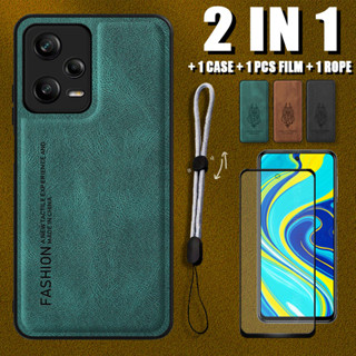 2 IN 1 เคสหนังหรูหรา พร้อมตัวป้องกันหน้าจอเซรามิค และเชือกปรับได้ สําหรับ Redmi Note 12 Pro 5G