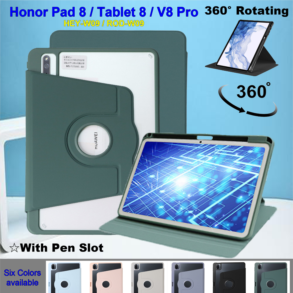 เคสแท็บเล็ตแฟชั่น สําหรับ Honor Pad V8 Pro (2022) 12.1 นิ้ว ROD-W09 Honor Pad 8 (2022) 12.0 นิ้ว HEY-W09 Huawei Tablet 8 360° เคสอะคริลิคใส แบบหมุนได้ พร้อมช่องใส่ปากกา สําหรับแท็บเล็ต