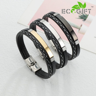 Ecgift BR006 สร้อยข้อมือหนังถัก สเตนเลส หลายชั้น สไตล์ออฟฟิศ