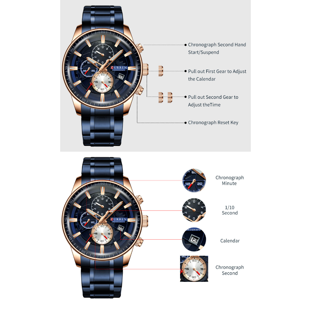 Curren นาฬิกาข้อมือสปอร์ตลําลอง สายสแตนเลส กันน้ํา อเนกประสงค์ สําหรับผู้ชาย 8362X