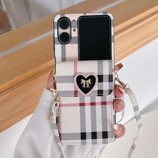 เคส OPPO Find N2 Flip เคสหนัง ฝาพับ พร้อมช่องใส่บัตร สําหรับ Fold Case Leather Flip Cover Heart Love Pearl Crossbody Necklace Strap Lanyard Cord With Card Holder Pocket Bag Mobile Phone Cover Casing ซองมือถือ