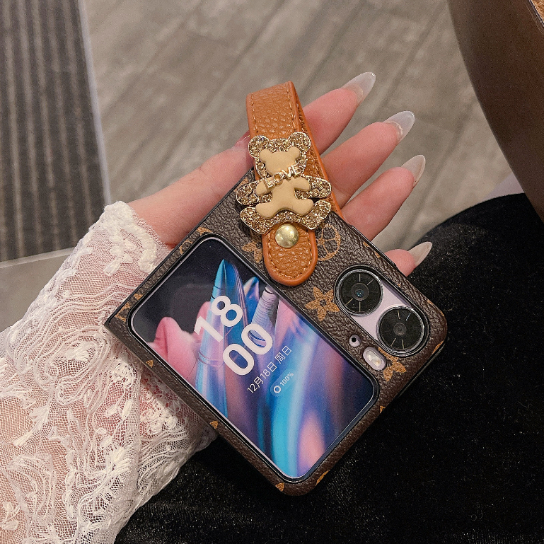เคส Case for OPPO Find N2 N3 Flip เคสโทรศัพท์มือถือหนัง PU TPU นิ่ม ฝาพับ พร้อมสายรัดข้อมือ หรูหรา สําหรับ Fold Case Luxury Cover PU Leather Soft TPU Bumper Shell Metal Bear With Wristband Wrist Strap Mobile Phone Cover Casing เคสฝาพับ