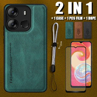 2 IN 1 เคสหนังหรูหรา พร้อมตัวป้องกันหน้าจอเซรามิค และเชือกปรับได้ สําหรับ Tecno Spark Go 2023 Pop 7 Pro Pop 7o BF7