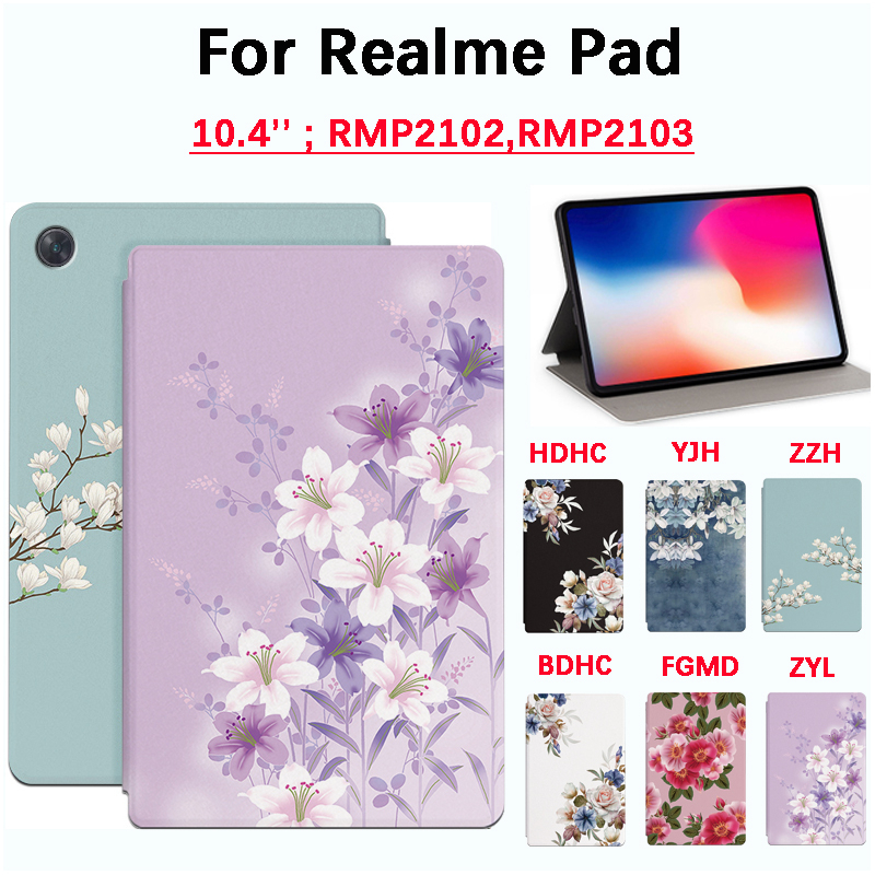 เคสแท็บเล็ต หนัง PU ลายดอกไม้ กันเหงื่อ กันลื่น คุณภาพสูง สําหรับ Realme Pad 10.4 นิ้ว RMP2102 RMP2103