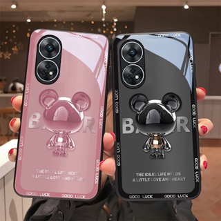 เคสOPPO Reno 8T 8Z 7Z 5G เคส OPPO A78 4G เคส OPPO A78 A98 5G เคส OPPO Reno 10 10 Pro 10 Pro Plus เคส OPPO Reno 8 5G เคส OPPO Reno6Z 5G เคส เคสโทรศัพท์มือถือแบบแก้ว กันกระแทก ลายหมีโลหะหรูหรา สําหรับ